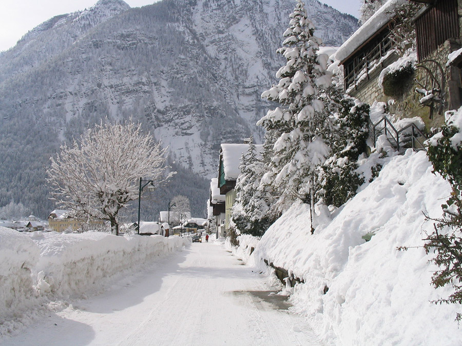 Hallstatt, Snowy Street at the Lake